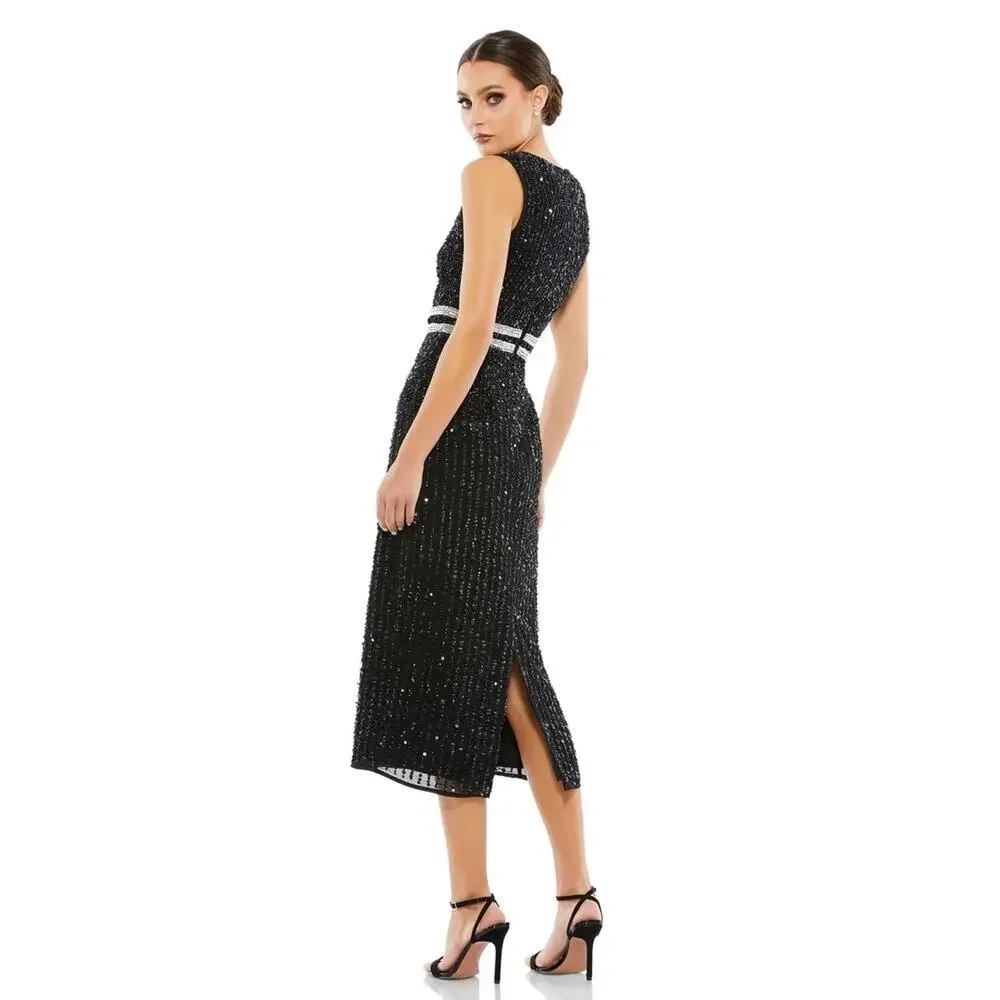 MAC DUGGAL 10509 Sleeveless High Neck Beaded Midi Sheath Dress Black 6 NEW_3